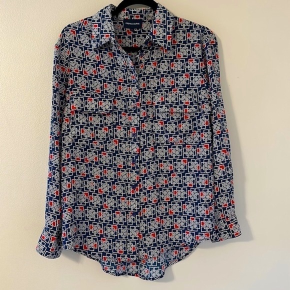 French Curve Womens Silk Button Down Top Blouse Sz Small Navy & Red Professional - Picture 1 of 10